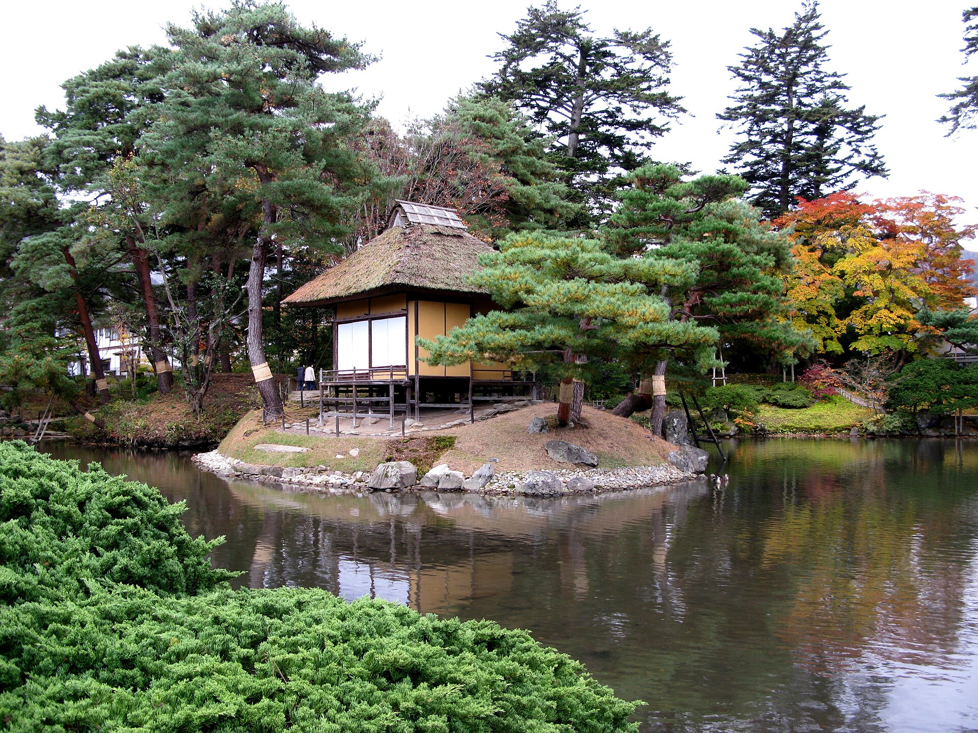 御薬園の池に浮かぶ中島と、茅葺きの茶屋。池の水面に映る茶屋と、まわりの松にも目を向けて