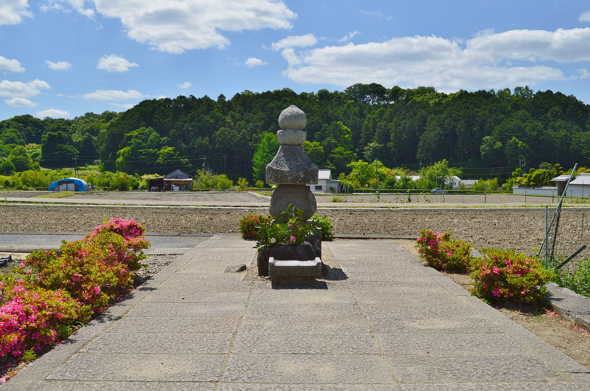 伝蘇我入鹿首塚の五輪塔。石畳の参道の先、田畑の中に立っています