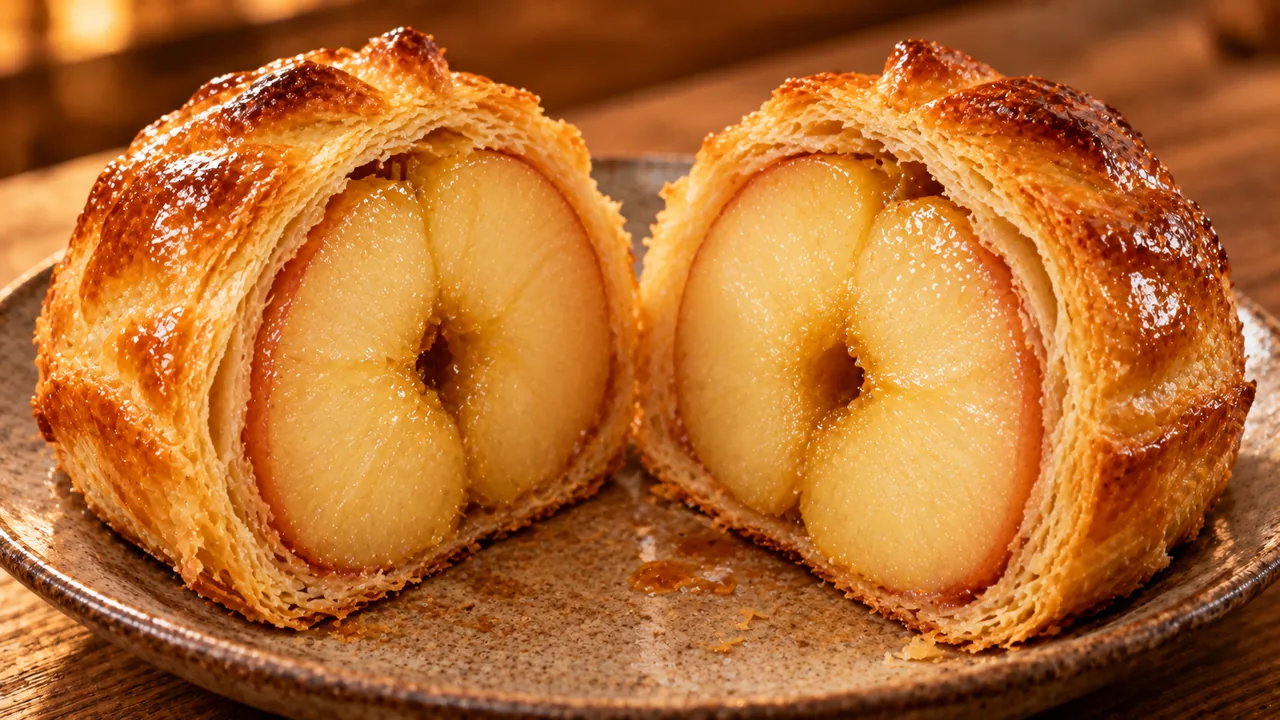 まるごとのりんごをパイで包んで焼いたお菓子の断面の生成イメージ