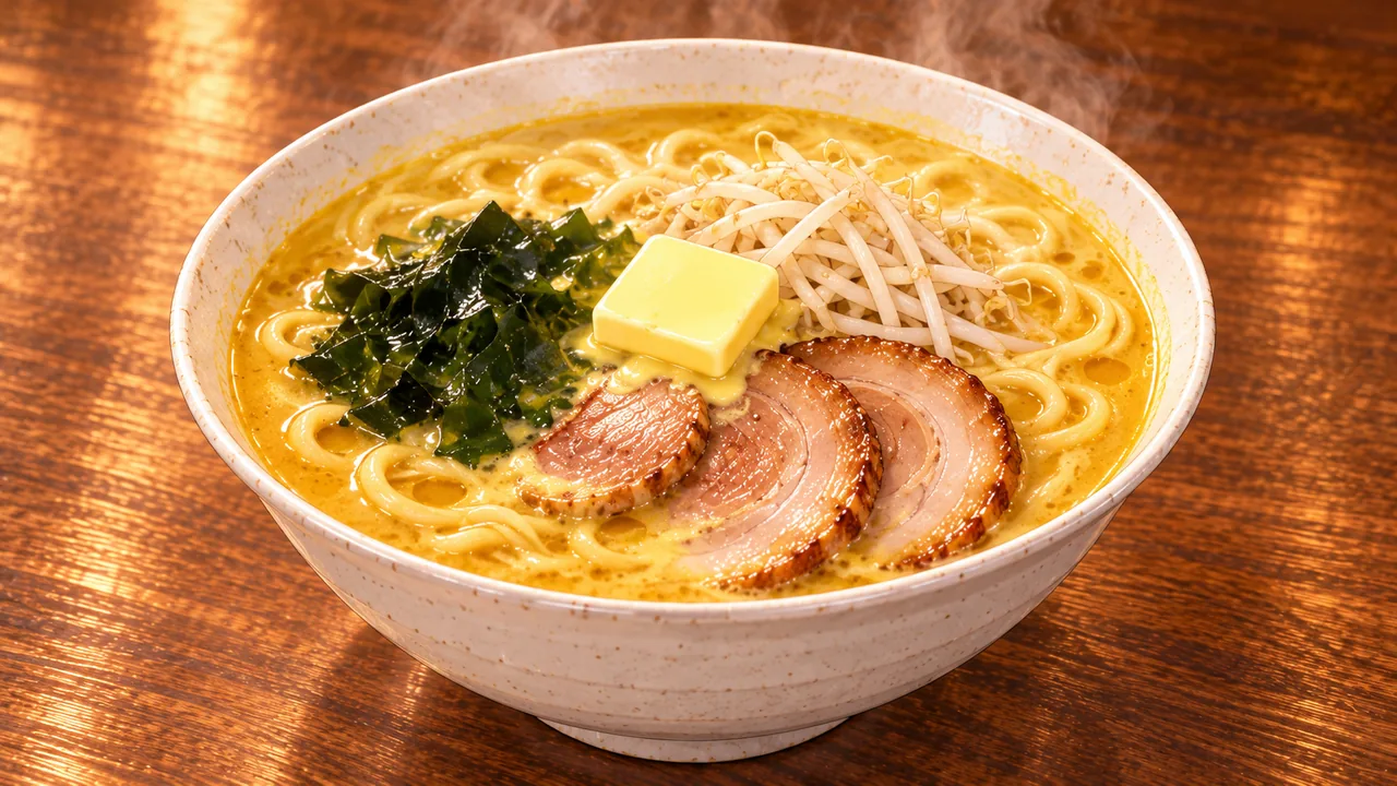黄色いスープにバターとわかめをのせたラーメンの生成イメージ