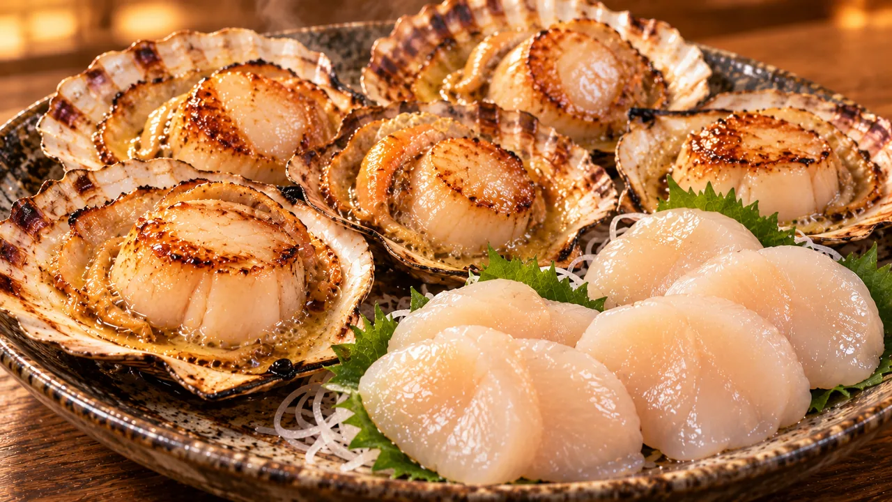 貝ごと焼いたほたてと、ほたての刺身の生成イメージ
