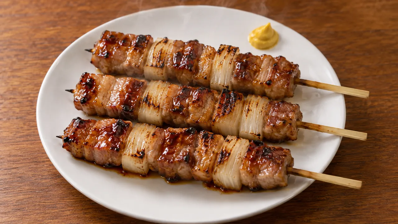 豚肉とたまねぎの串焼きに洋がらしを添えた室蘭やきとりの生成イメージ