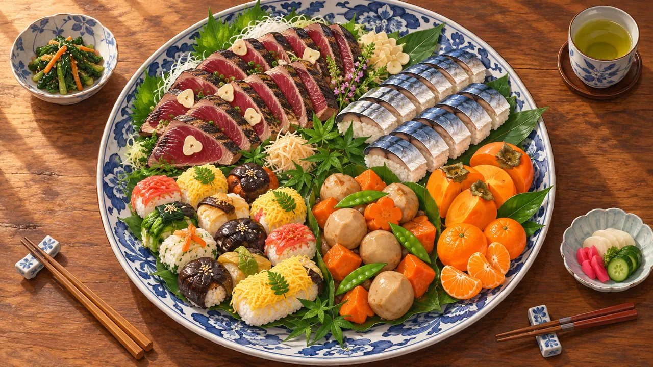 藍の絵付けの大皿に、たたきや姿ずし、すし、煮物、果物を盛った皿鉢料理の生成イメージ